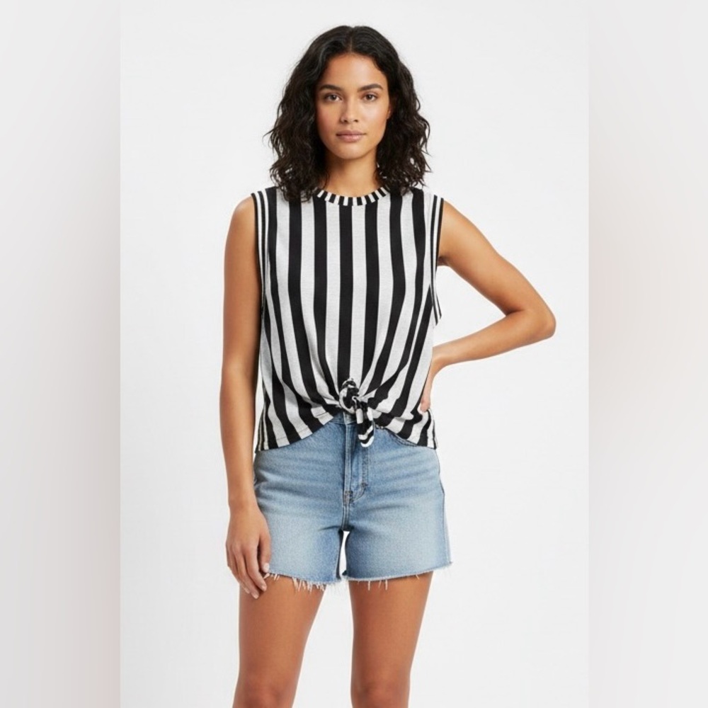 Zara, black and white stripes, sleeveless, crewneck blouse, Size Small